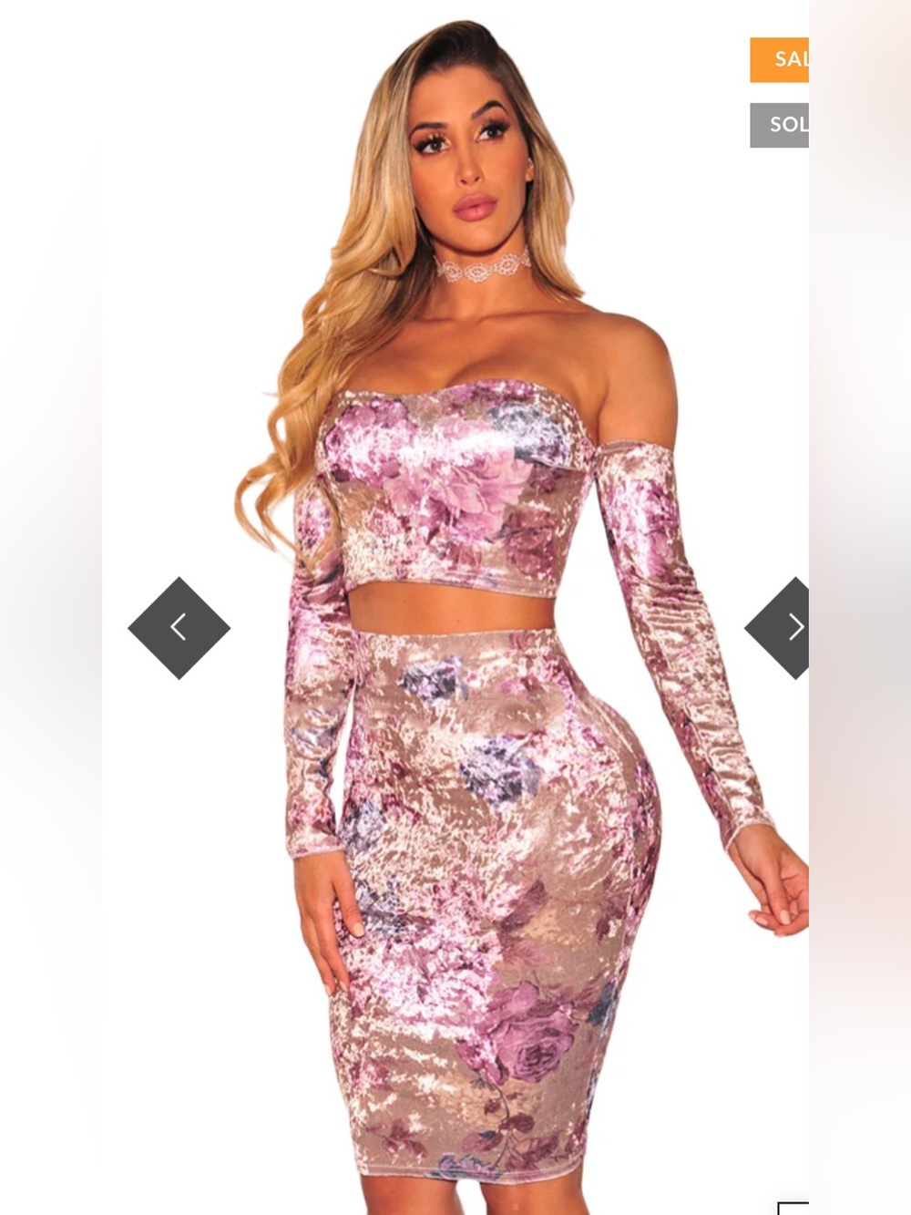 Floral Velvet Bodycon Midi Skirt set